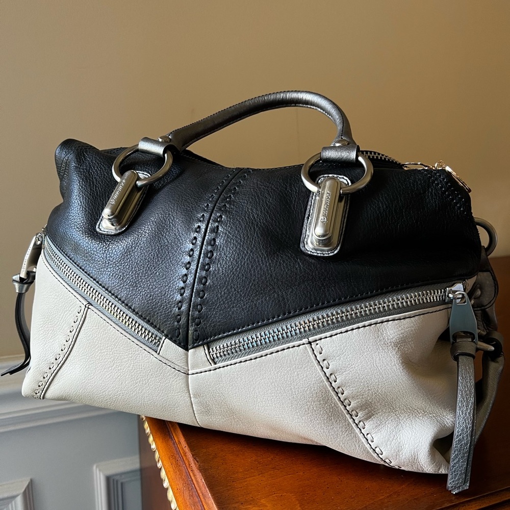 B. Makowsky, Black, Beige & Metallic gray, soft pebble leather-Varrick satchel.